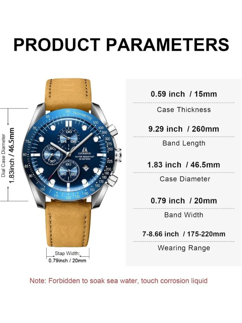 Men's Brown Blue Analog Quartz Leather Waterproof Luminous Luxury Casual Watch